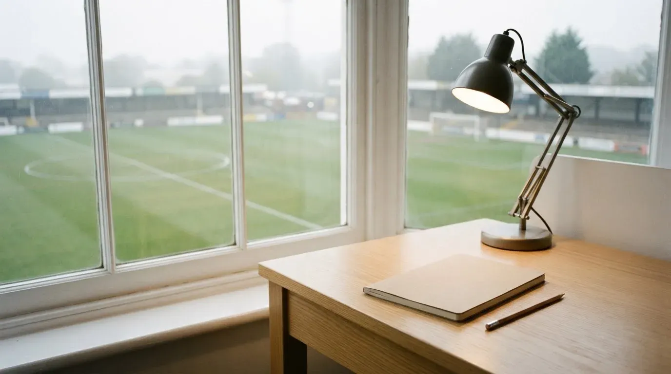 Ein Schreibtisch am Fenster mit Schreibtischlampe, Bleistift und leerem Block, draussen liegt ein Fussballplatz im Dunst.