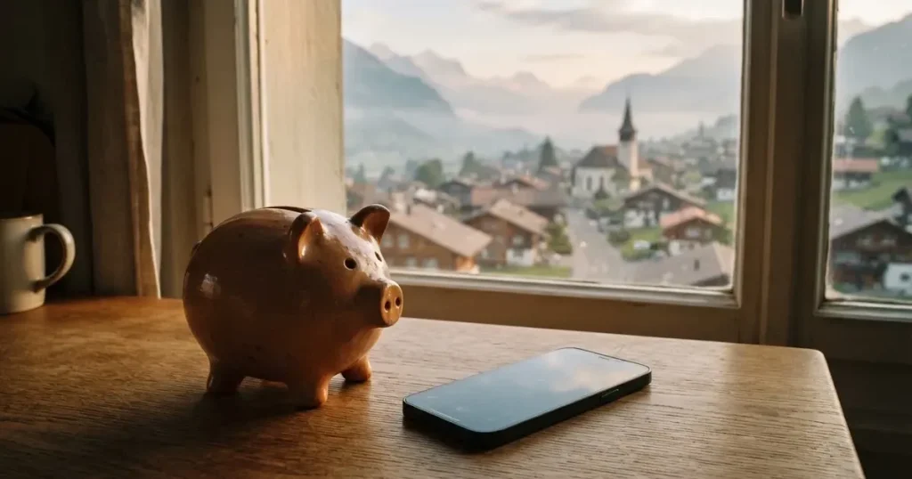 Ein Sparschwein aus Keramik steht auf einem Küchentisch neben einem Smartphone mit dunklem Display, im Fenster dahinter ein Schweizer Dorf im Morgenlicht.