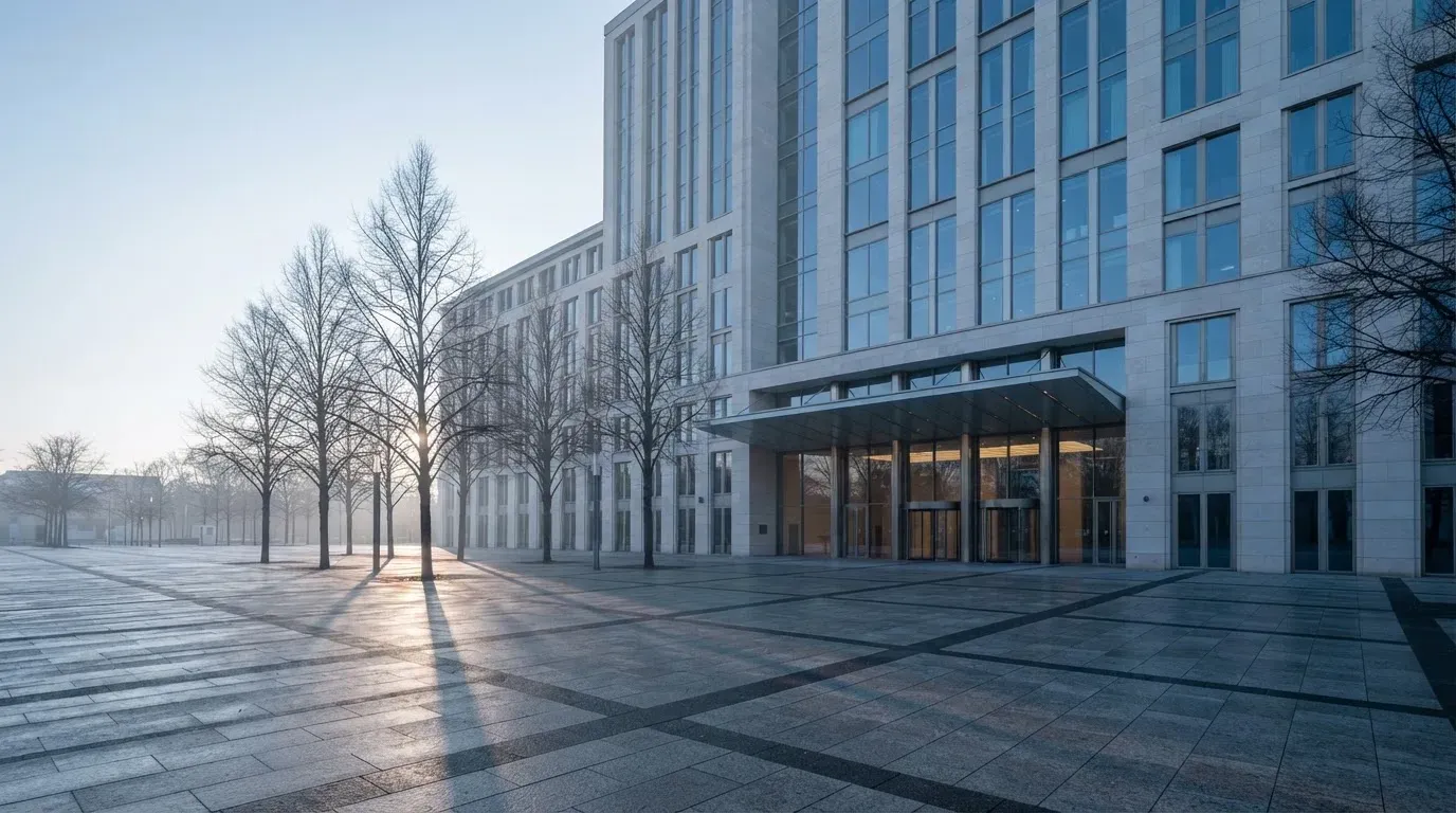 Ein Verwaltungsgebäude aus Glas und Stein steht an einem leeren Platz am frühen Morgen, davor eine Reihe kahler Bäume.