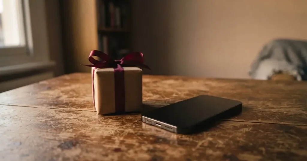 Ein kleines Geschenk mit Schleife steht auf einem Holztisch neben einem Smartphone mit dunklem Display im Seitenlicht.
