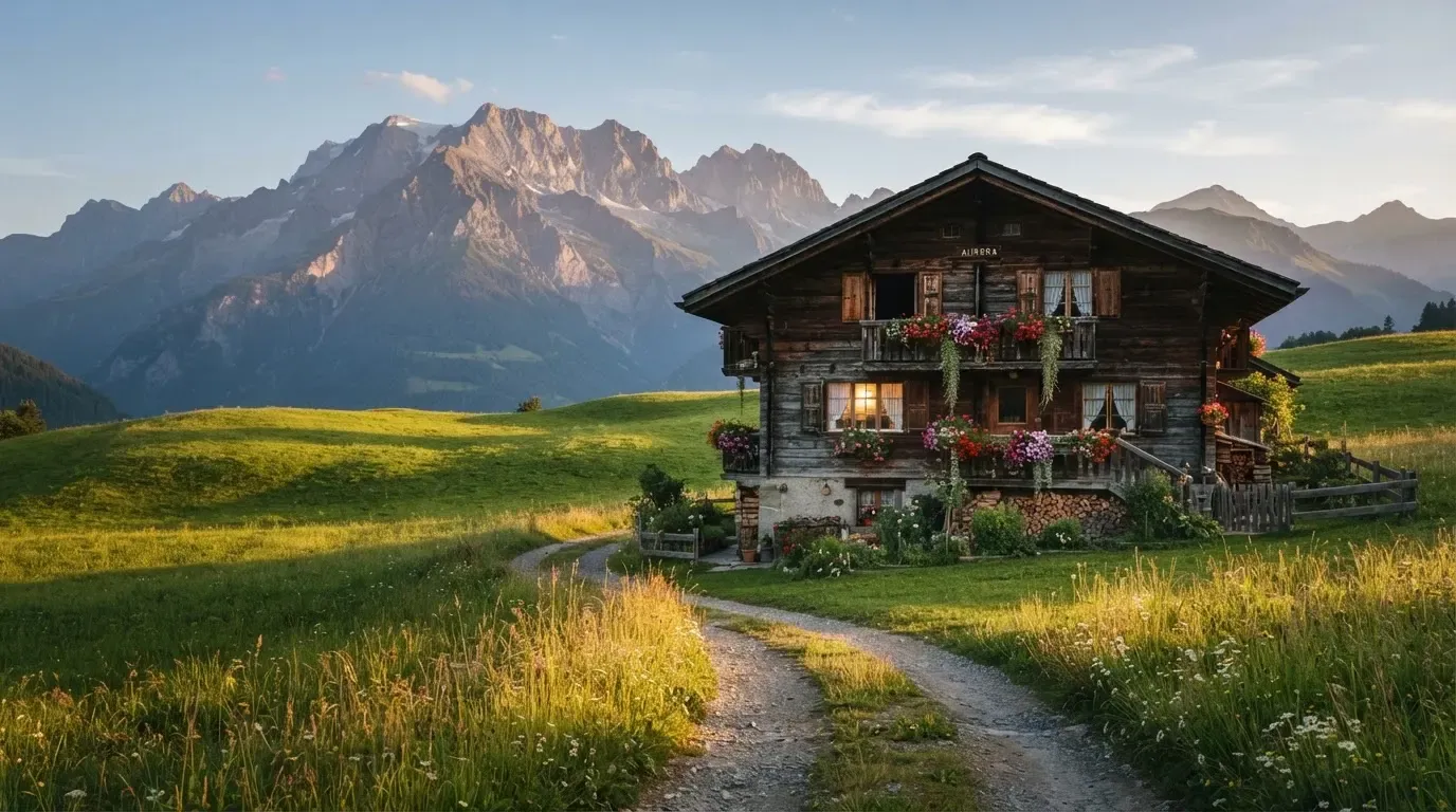 Ein Holzchalet mit Blumenkästen steht vor einer Bergkette im Abendlicht, davor führt ein leerer Feldweg durch eine Wiese.