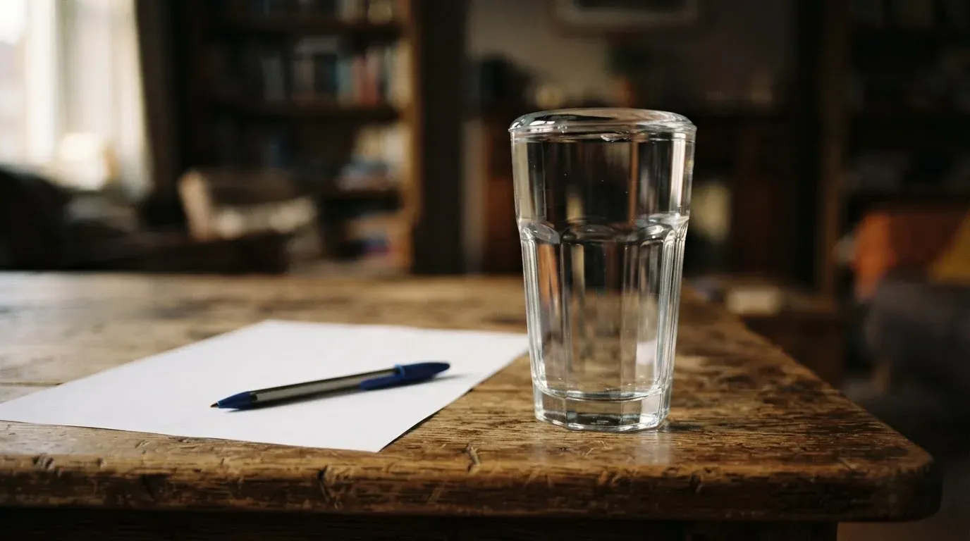 Ein Glas steht bis zum Rand gefüllt auf einem Holztisch, daneben ein Kugelschreiber und ein leeres Blatt Papier im Seitenlicht.