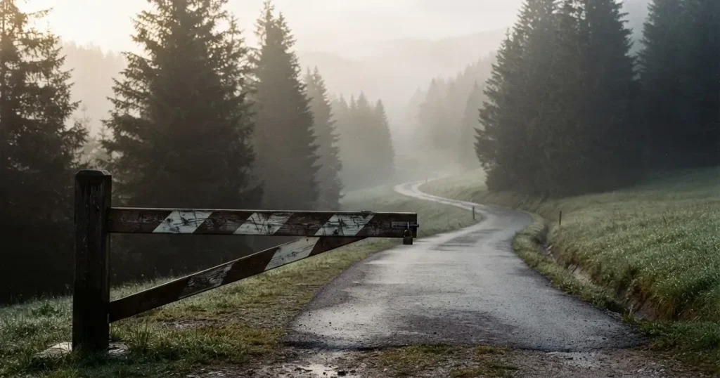 Eine geschlossene Schranke steht an einer ruhigen Bergstrasse im Morgennebel, dahinter Tannen und eine nasse Wiese.