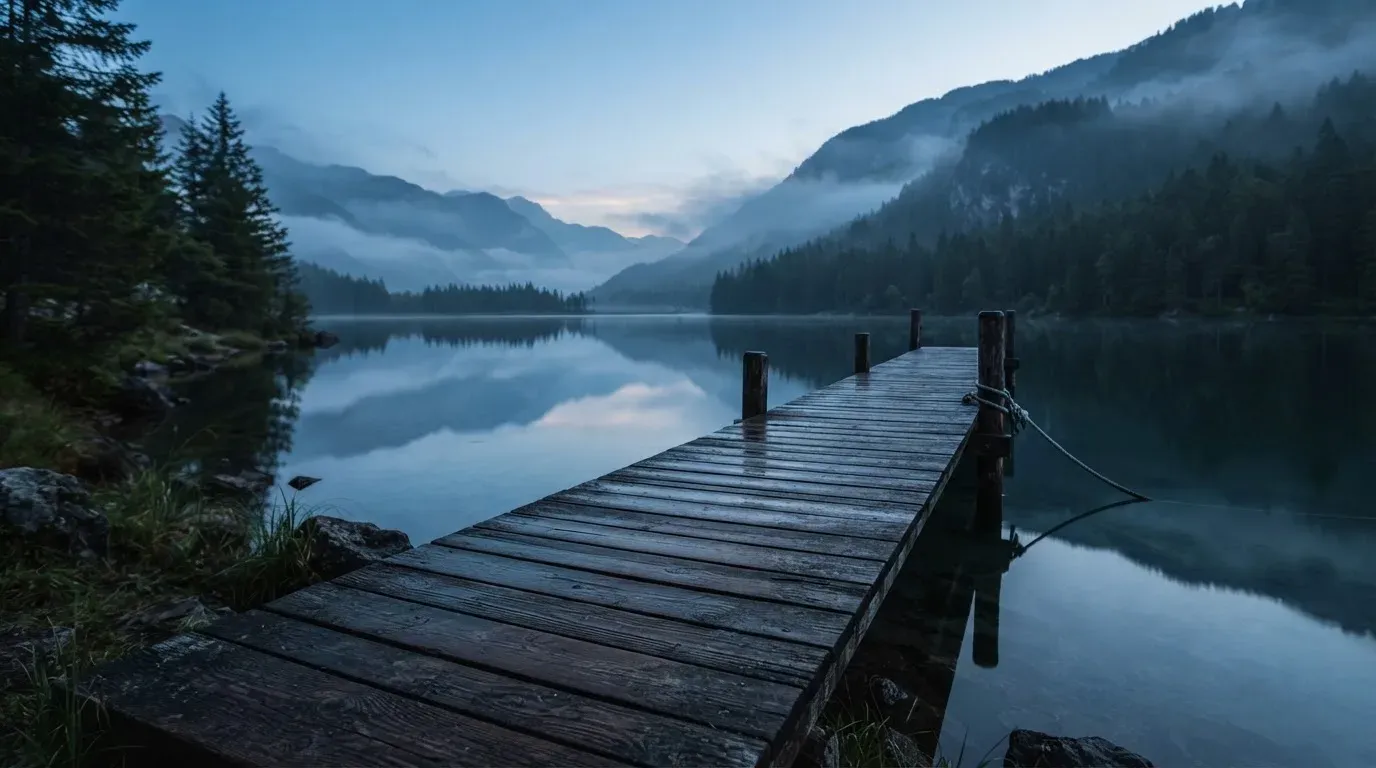 Ein Bergsee in der Dämmerung mit einem leeren Holzsteg, die Wasseroberfläche ist ruhig und Nebel zieht über die Hänge.