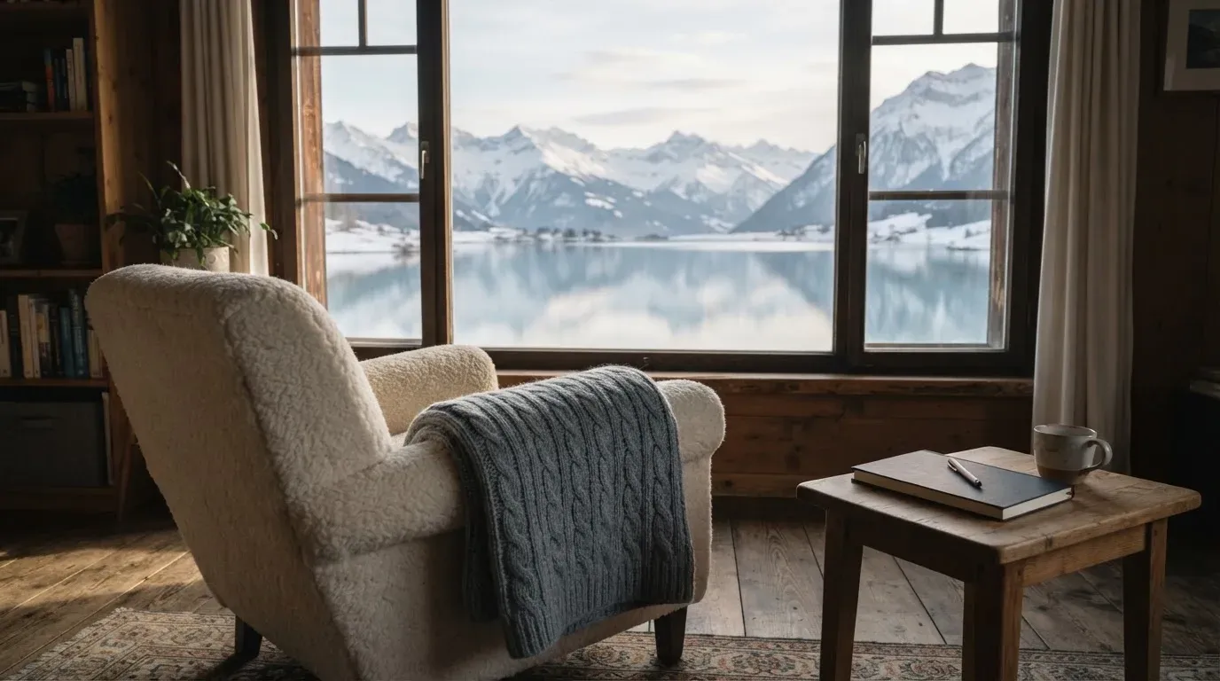 Ein leerer Sessel steht an einem Fenster mit Blick auf einen ruhigen See und schneebedeckte Berge im Morgenlicht.