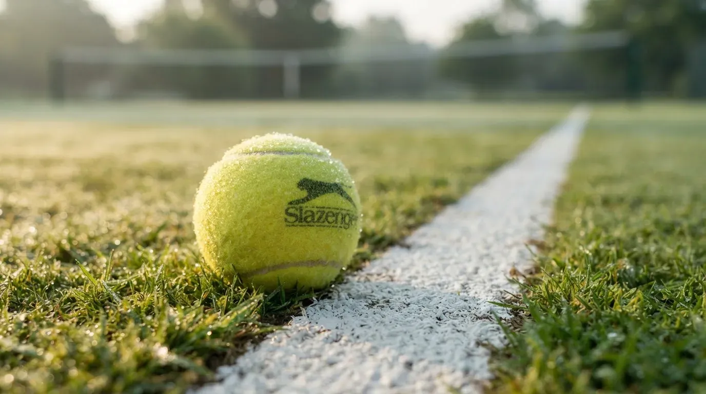 Ein gelber Tennisball liegt im Gras neben der weissen Grundlinie, Tau glitzert auf den Halmen im flachen Sonnenlicht.