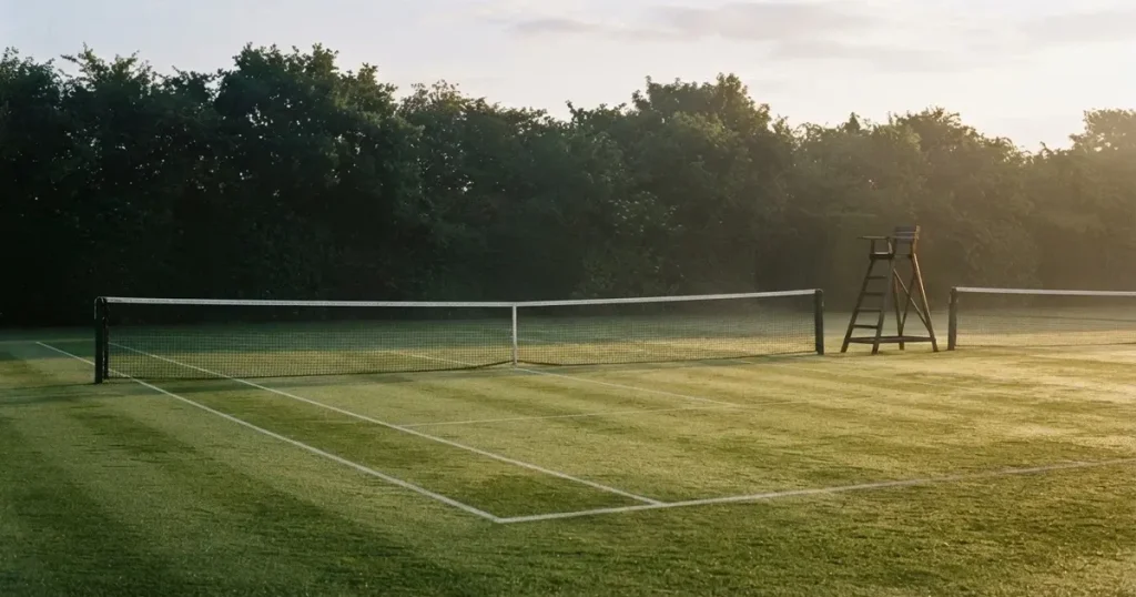 Ein Tennisplatz aus Rasen im ersten Morgenlicht mit frisch gezogenen Linien, einem Netz und einem leeren Schiedsrichterstuhl, dahinter hohe Hecken.
