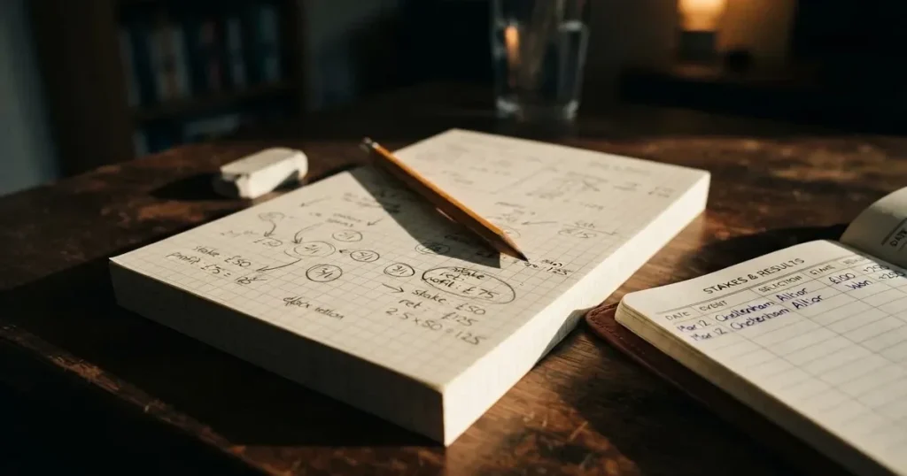 Ein Bleistift liegt quer auf einem karierten Papierblock mit handgezeichneten Kreisen und Pfeilen, daneben ein Radiergummi im Seitenlicht.