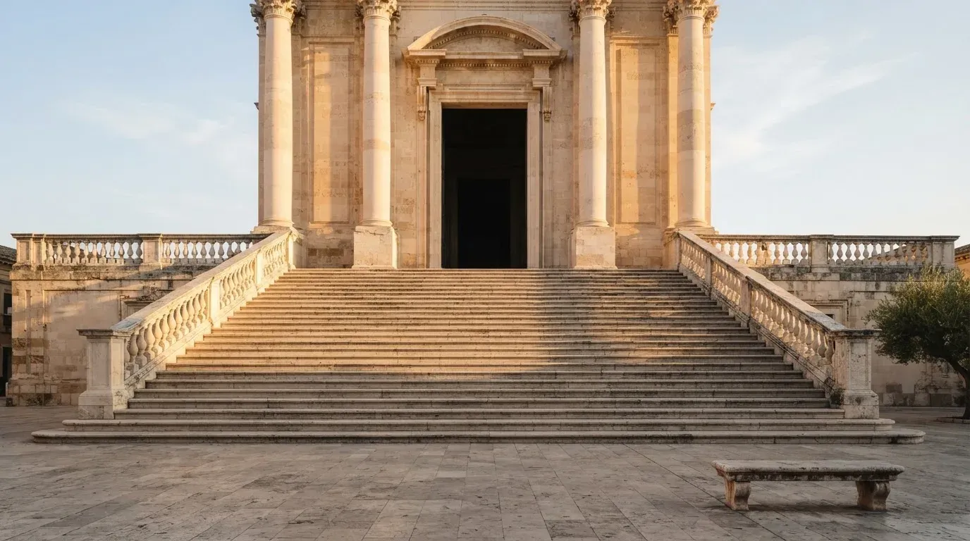 Eine steinerne Treppe führt zu einem Portal mit Säulen im Morgenlicht, der Platz davor ist leer.