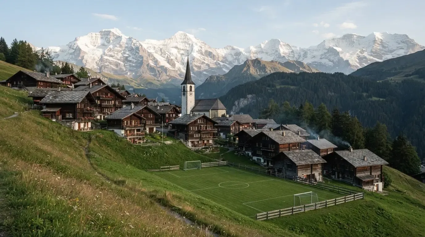 Ein Schweizer Bergdorf mit Kirchturm und einem kleinen Fussballplatz am Hang, im Hintergrund schneebedeckte Gipfel.