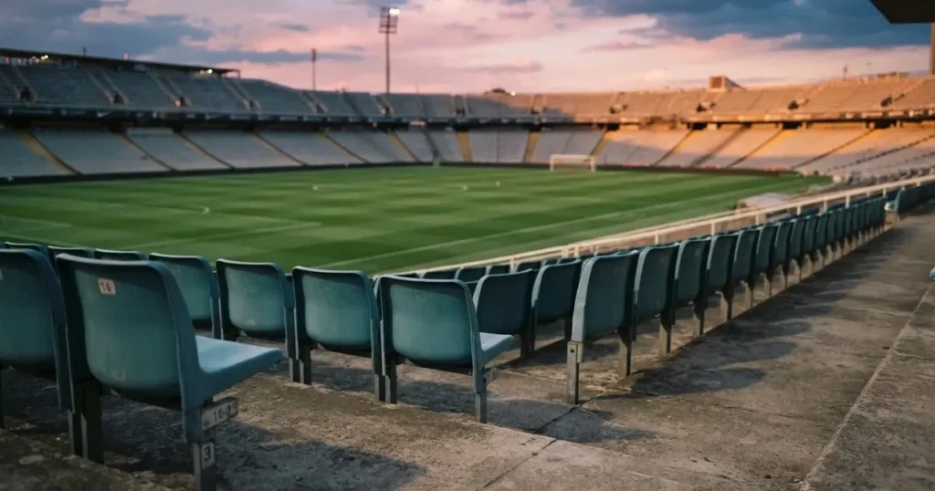 Eine Reihe leerer Sitzplätze in einem Stadion, die Sessel in gleichmässigem Abstand, über den Rängen ein Abendhimmel in Rosa.