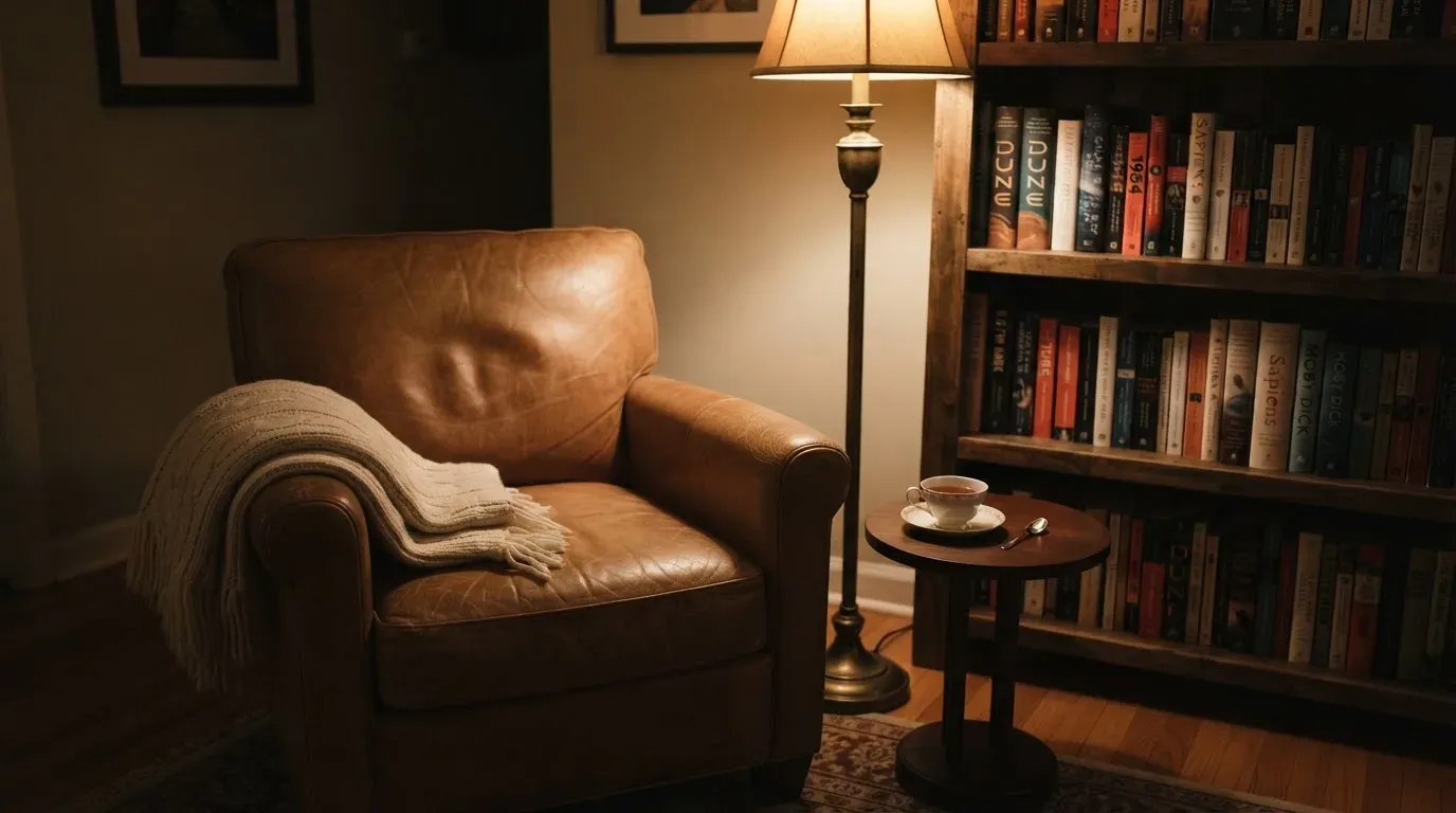 Ein Lesesessel mit Wolldecke steht neben einem Bücherregal und einer Stehlampe, auf dem Tisch eine Teetasse.