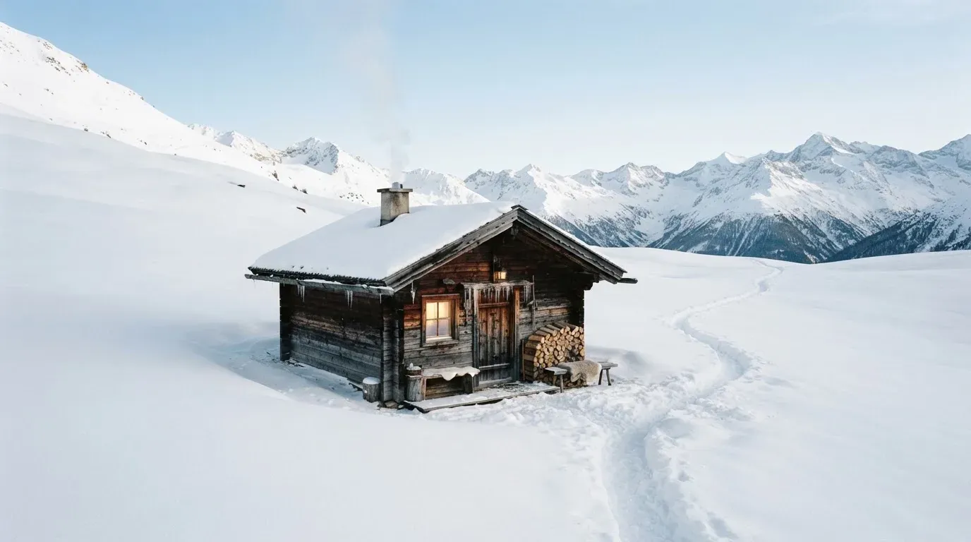 Eine Berghütte im Schnee mit rauchendem Kamin steht vor klarem Himmel, ein Pfad führt in die Stille.