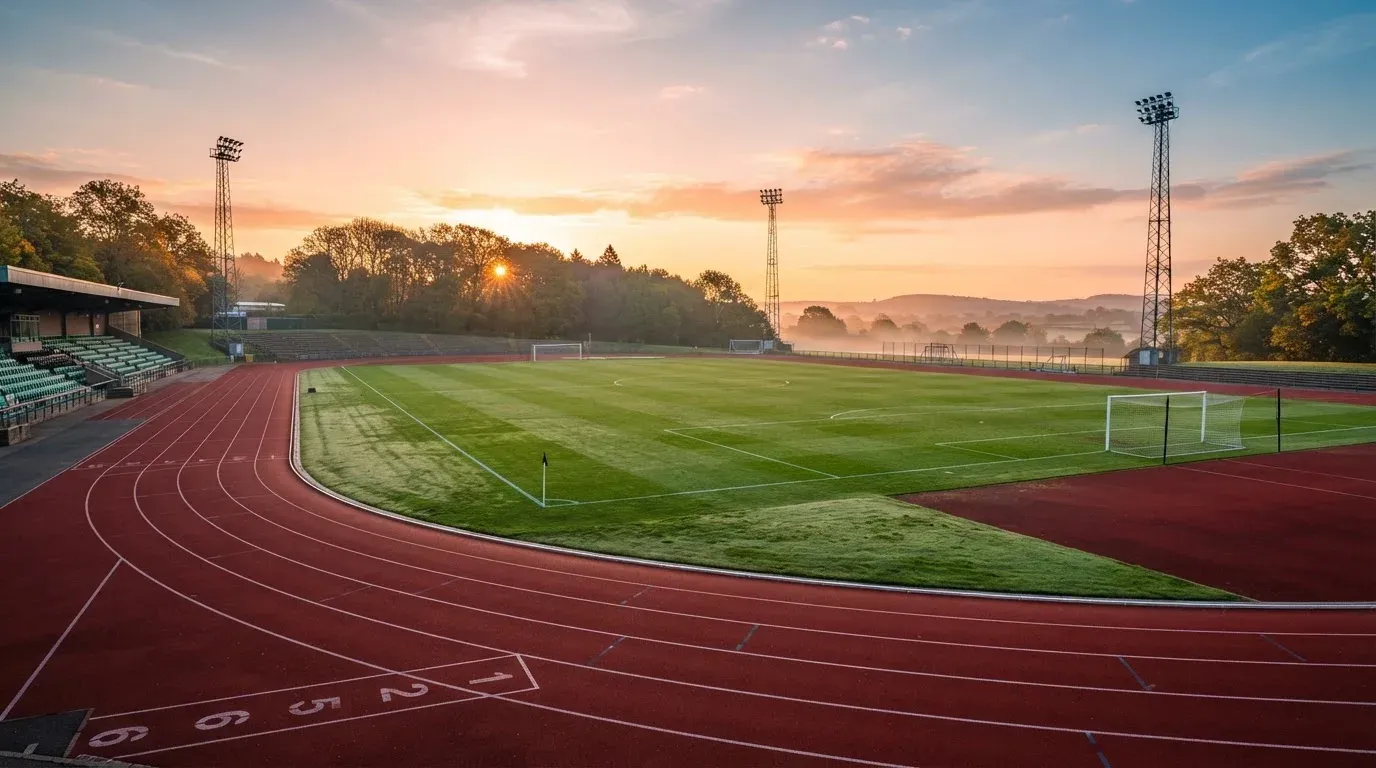 Eine rote Laufbahn umringt ein Fussballfeld beim Sonnenaufgang, auf dem Rasen liegt Tau.