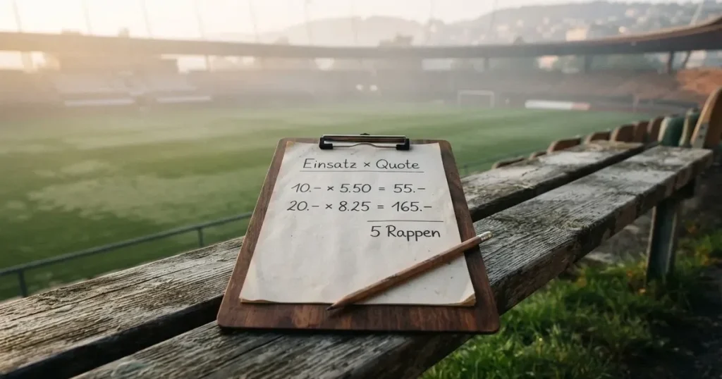 Ein Klemmbrett mit leerem Papier und ein Bleistift liegen auf einer Tribünenbank, darunter ein Rasenplatz im Frühnebel.
