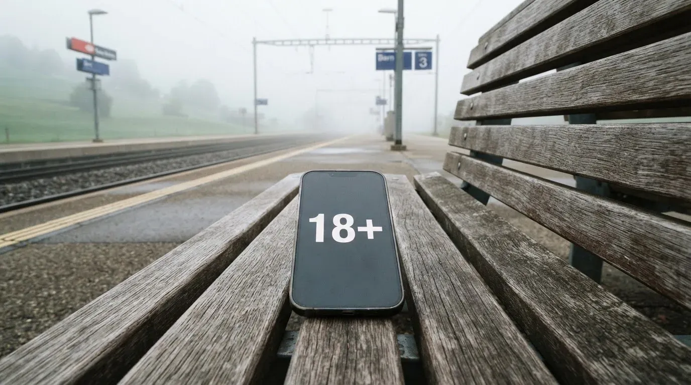 Ein leerer Bahnsteig mit einer Holzbank im Morgennebel, dahinter sanfte Hügel.