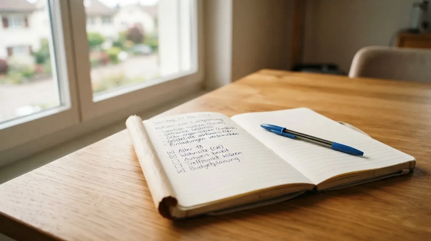 Ein aufgeschlagenes Notizbuch mit handschriftlichen Notizen und ein Kugelschreiber liegen auf einem Holztisch neben einem Fenster mit Tageslicht.