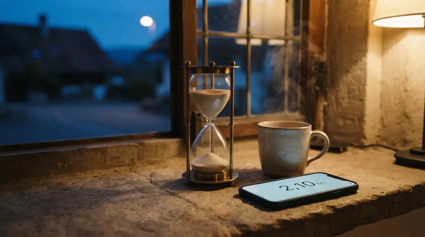 Eine Sanduhr steht auf einem Fensterbrett neben einer Tasse Tee, draussen dämmert es über einer ruhigen Strasse.