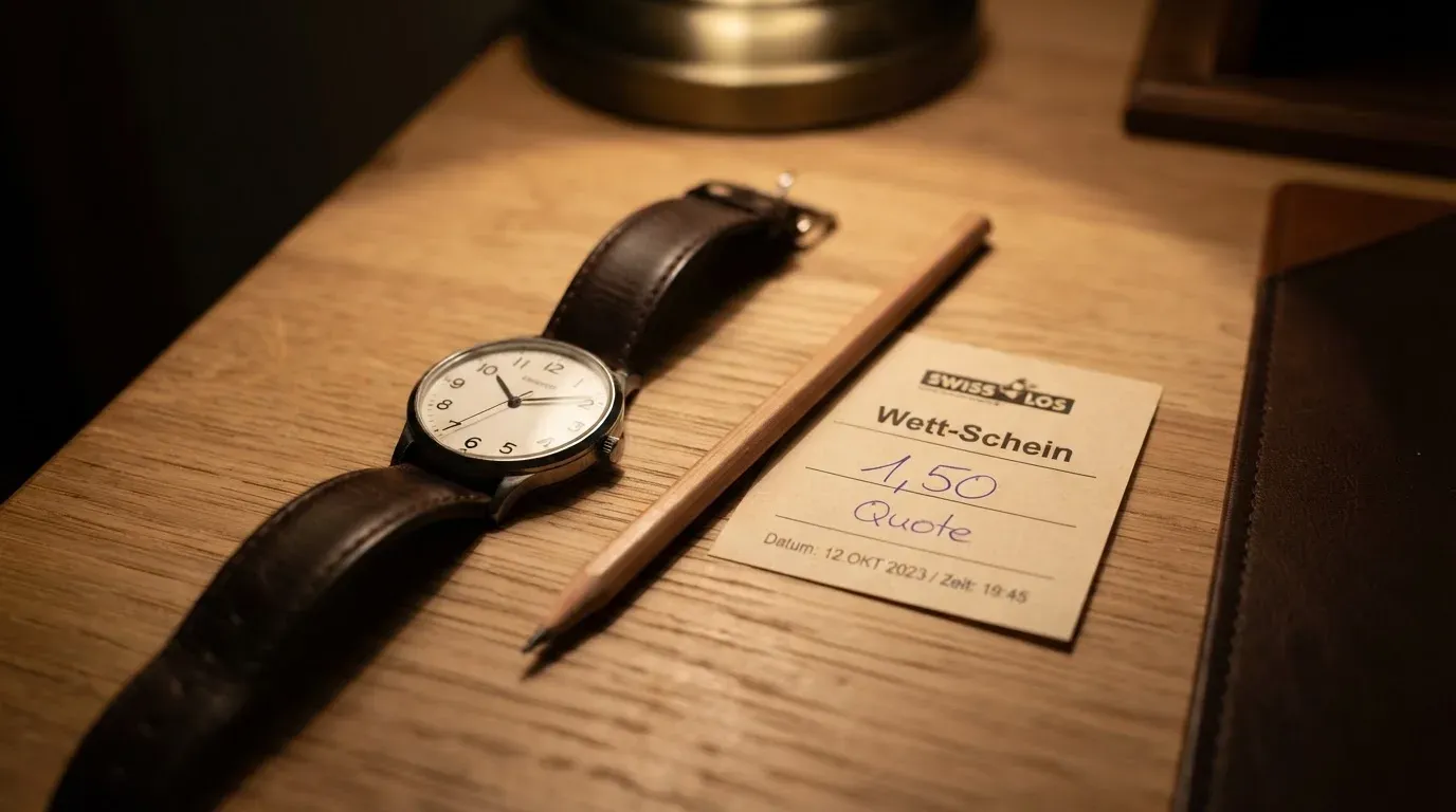 Eine Armbanduhr und ein gespitzter Bleistift liegen auf einem hellen Holztisch im Licht einer Schreibtischlampe.