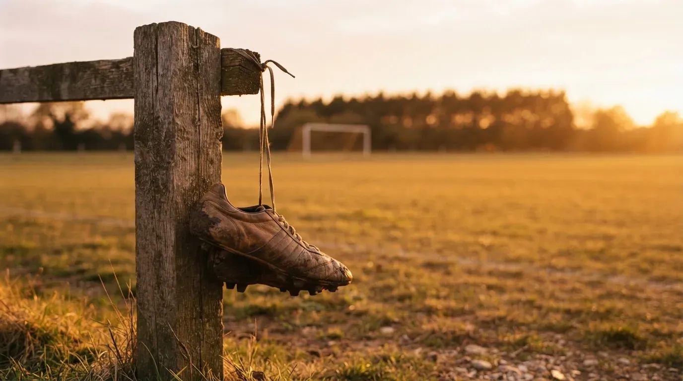 Ein Fussballschuh hängt an den Schnürsenkeln an einem Zaunpfosten neben einem Trainingsplatz im Abendlicht.