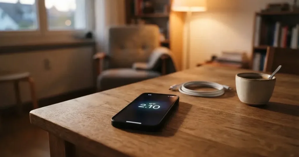 Ein Smartphone mit dunklem Display liegt auf einem Holztisch neben einem Ladekabel und einer Kaffeetasse.