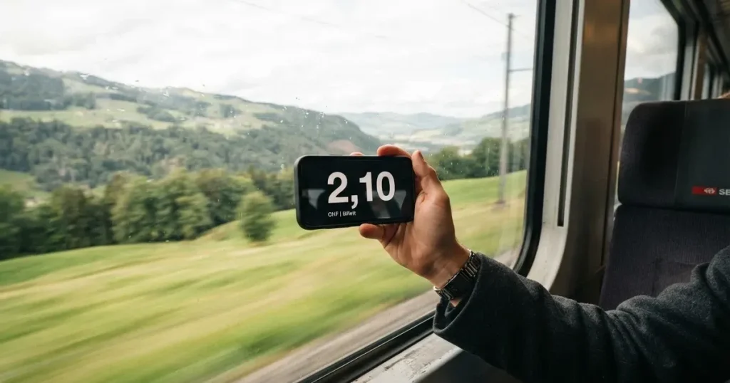 Eine Hand hält ein Smartphone mit schwarzem Bildschirm vor einem Zugfenster, draussen ziehen Hügel und Wiesen vorbei.
