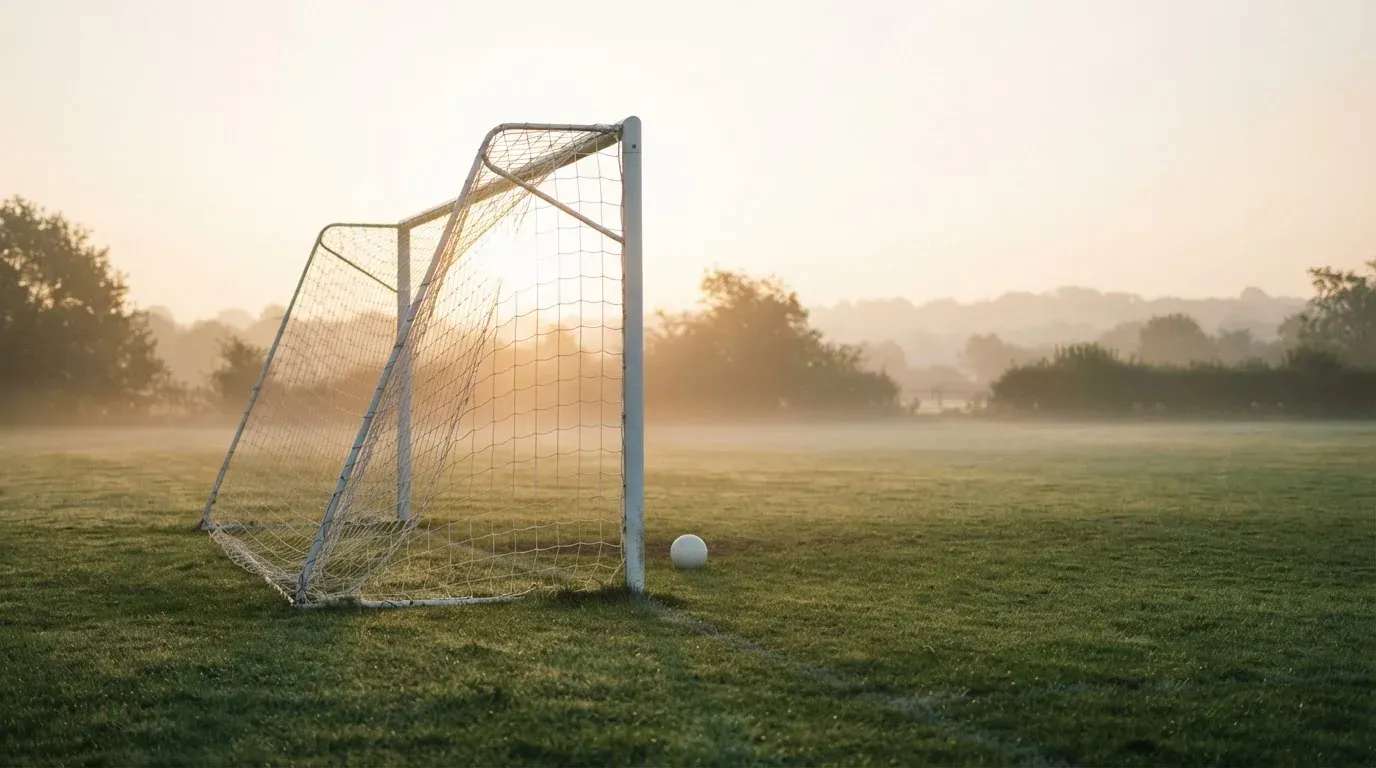 Ein Torpfosten mit Netz steht im Gegenlicht auf einem leeren Fussballplatz, über dem Rasen liegt Nebel.