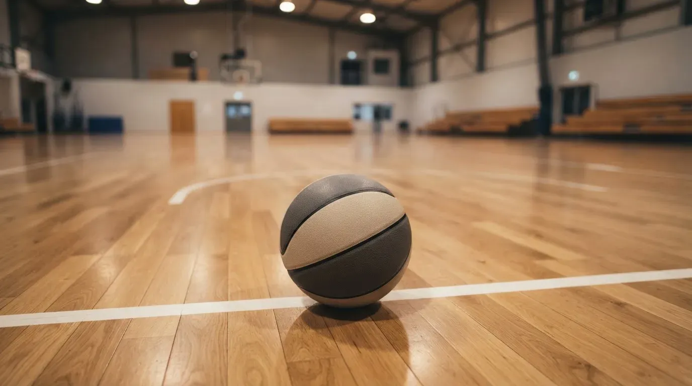 Ein Basketball liegt auf dem Parkett einer leeren Sporthalle im Licht der Deckenlampen.