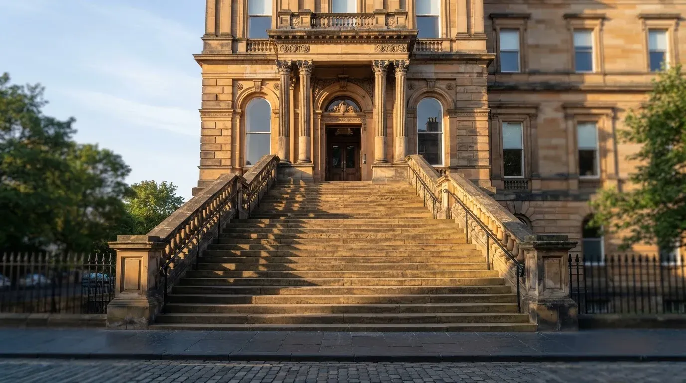 Eine breite Treppe aus Sandstein führt im Morgenlicht zu einem hohen Gebäude.