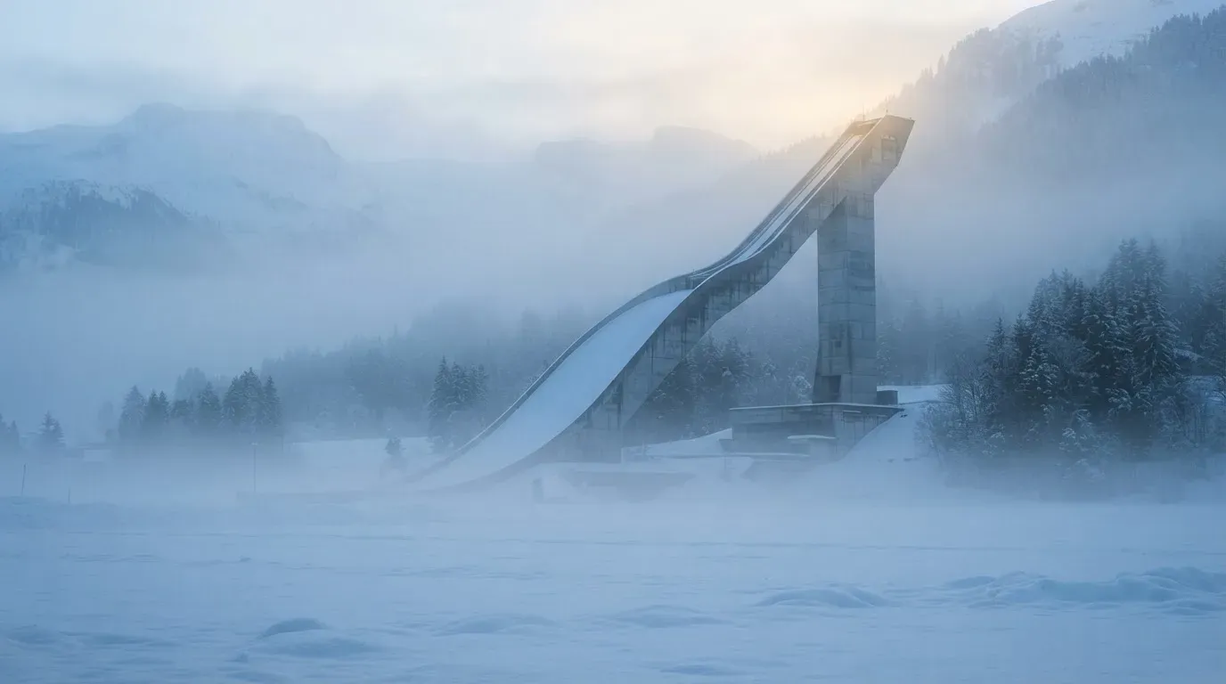 Eine Skisprungschanze ragt aus der Ferne gesehen in den Morgennebel, davor ein verschneites Feld.