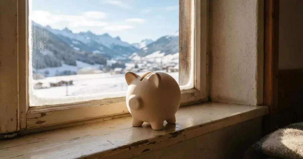 Eine leere Sparbüchse aus Keramik steht auf einem Fensterbrett, draussen liegt eine verschneite Landschaft im Gegenlicht.