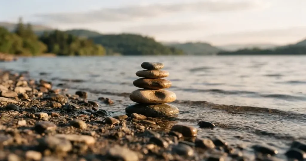 Vier flache Kieselsteine sind am Seeufer zu einem kleinen Turm gestapelt, das Wasser dahinter liegt ruhig.