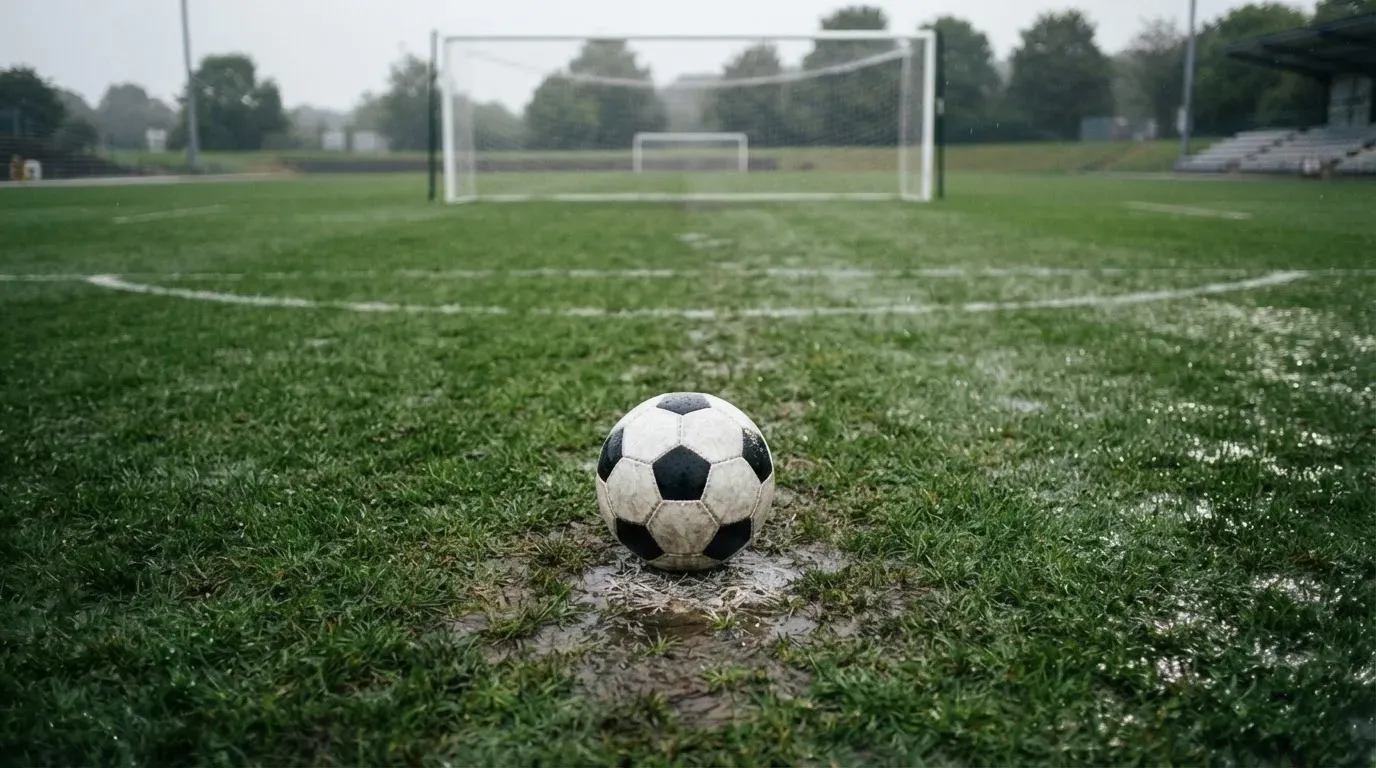 Ein einzelner Fussball liegt auf dem Elfmeterpunkt eines leeren Strafraums, der Rasen glänzt nass.