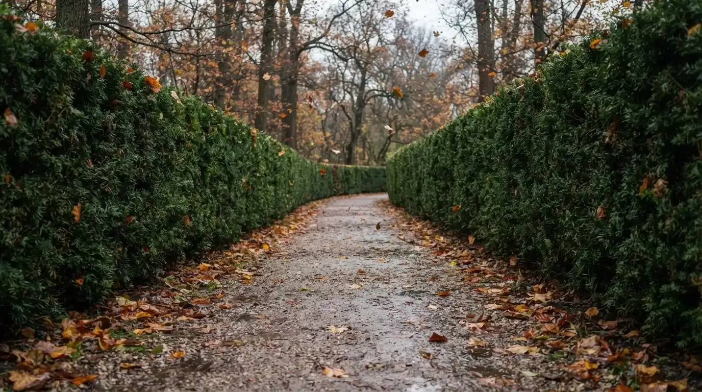 Ein schmaler Kiesweg führt zwischen zwei Hecken durch einen Park, auf dem Weg liegt Herbstlaub.