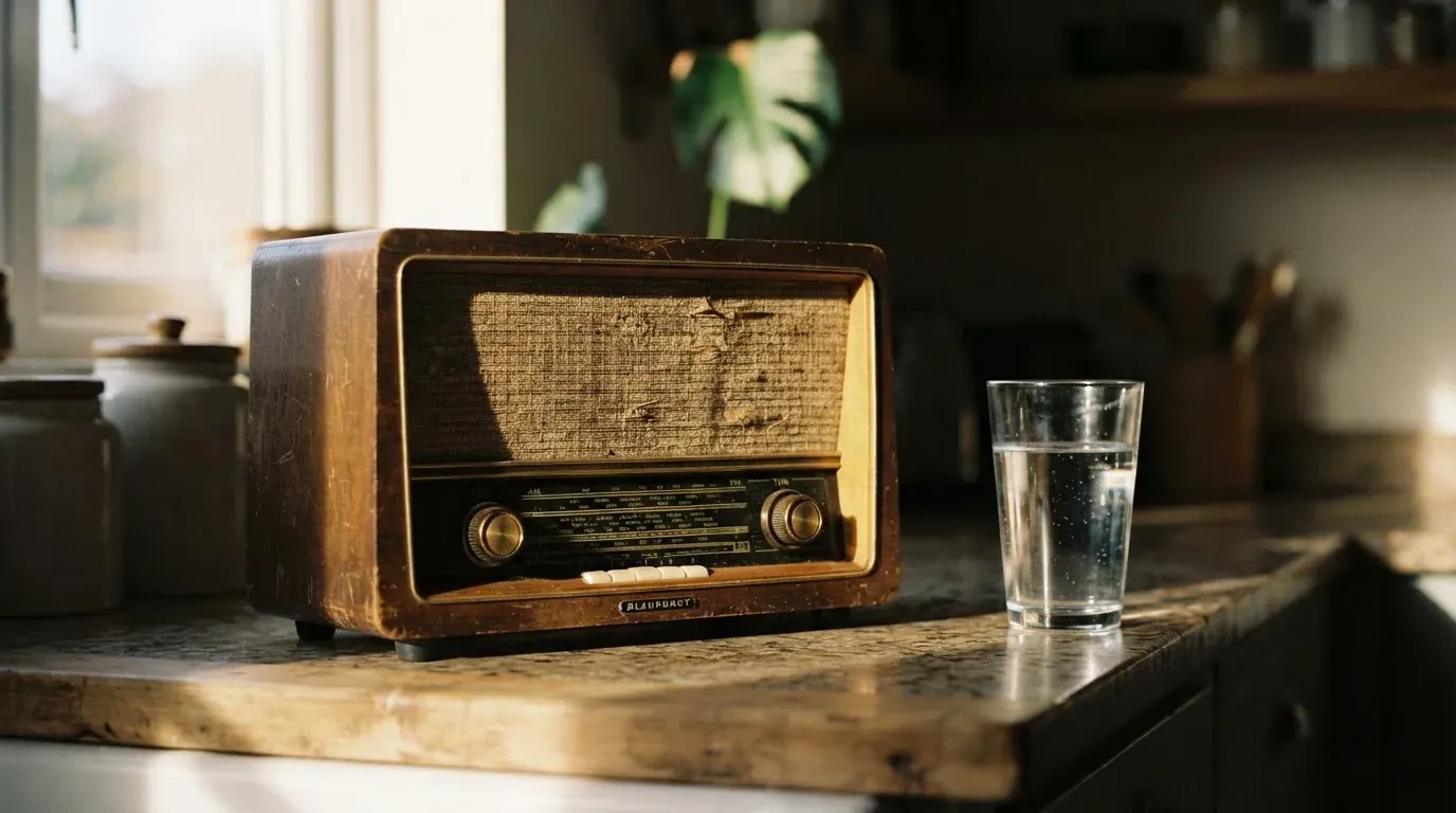 Ein altes Radio steht auf einer Küchenablage neben einem Glas Wasser, Morgenlicht fällt durchs Fenster.