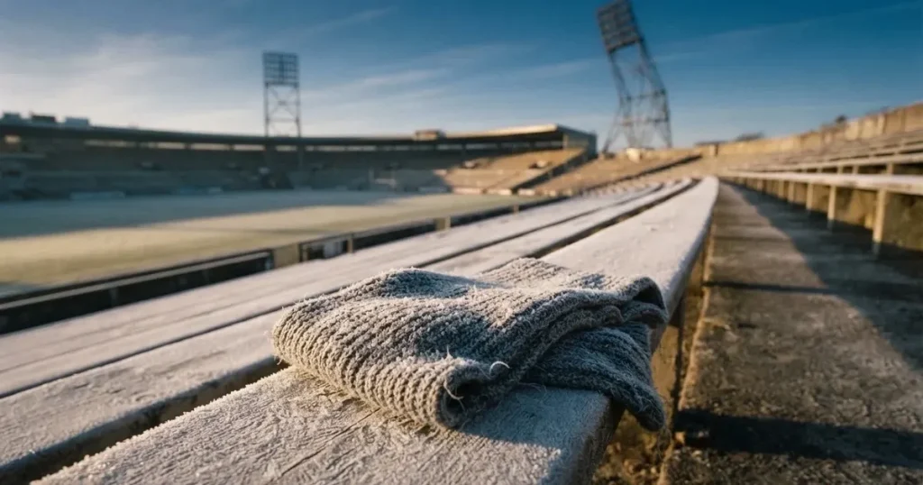 Ein einfarbiger grauer Schal liegt auf einer leeren Betontribüne, Raureif auf den Sitzen, kühles Morgenlicht über dem Stadion