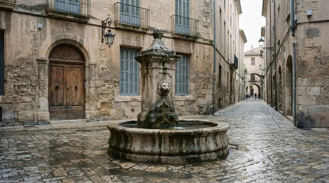 Ein Brunnen vor einer Sandsteinfassade in einer Altstadtgasse, nasses Kopfsteinpflaster und gedämpftes Licht eines bewölkten Morgens