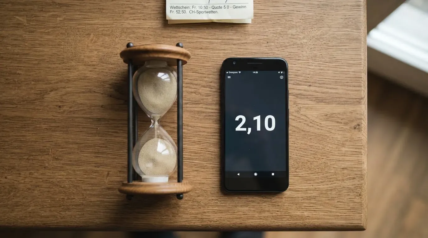 Eine Sanduhr steht neben einem Smartphone mit dunklem Display auf einem Holztisch, ruhiges Tageslicht fällt von der Seite ein