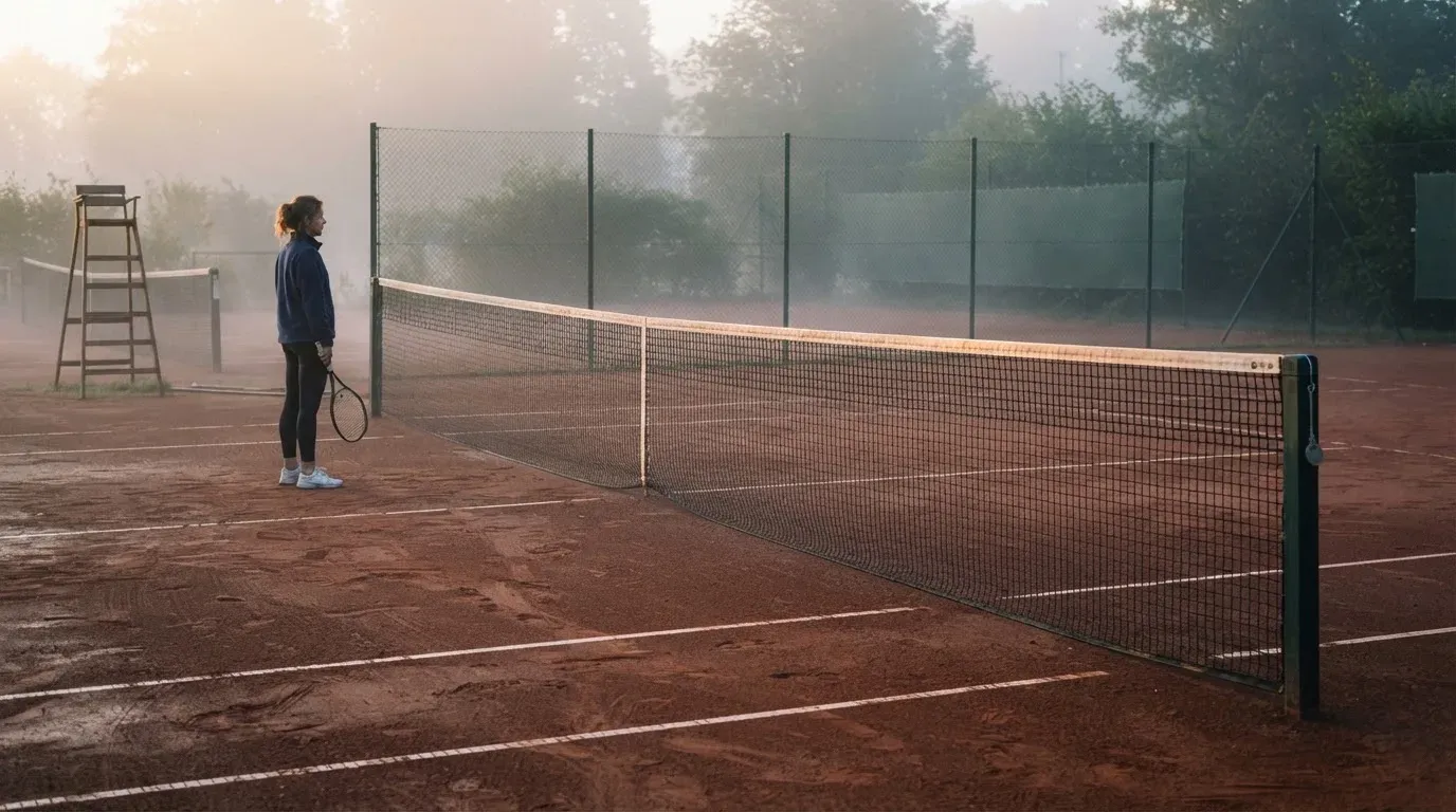 Ein Tennisplatz mit Sandbelag in der Morgendämmerung, Netz und Linien liegen im ersten Licht, Nebel hängt über dem Boden