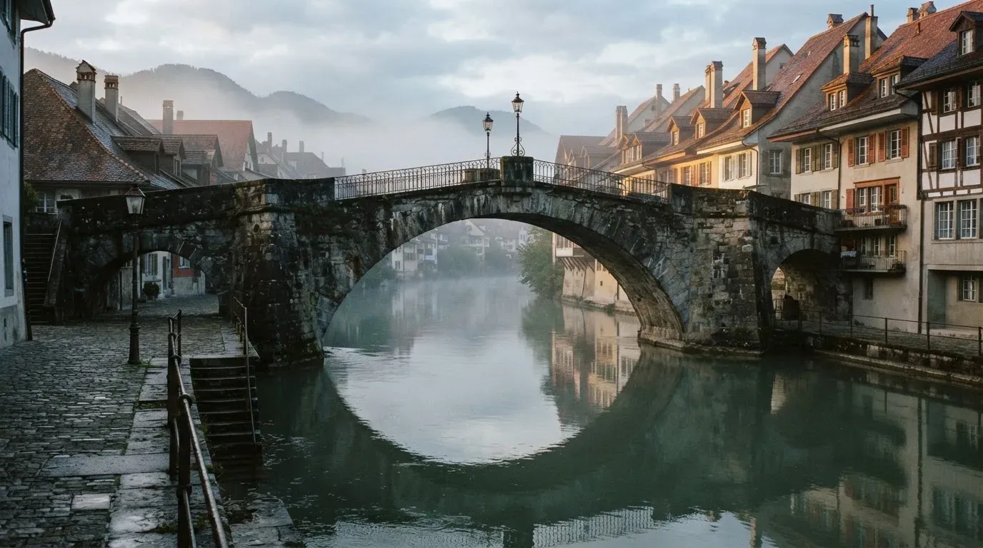 Eine steinerne Brücke über einen Fluss in einer Kleinstadt am frühen Morgen, Nebel zieht zwischen den Dächern hindurch