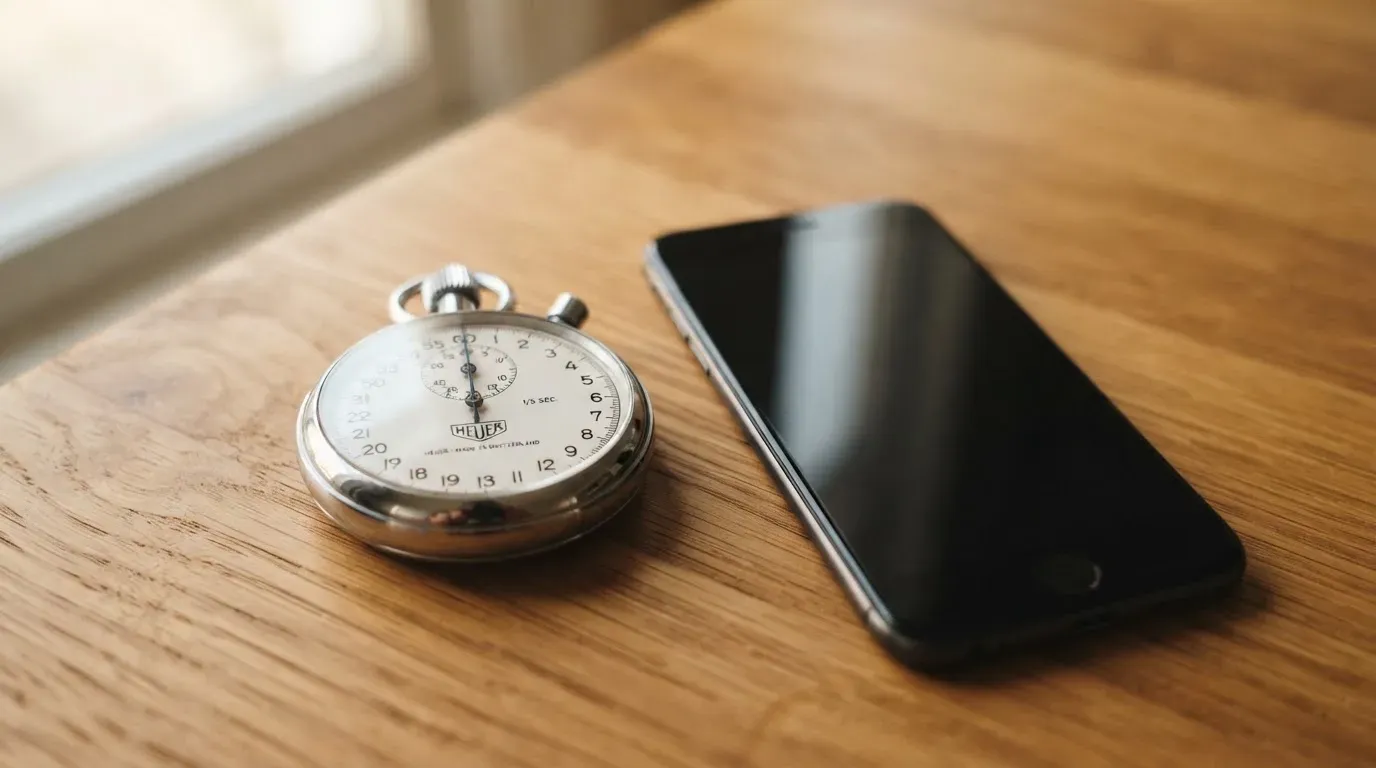 Eine Stoppuhr und ein Smartphone mit dunklem Display liegen nebeneinander auf einem Holztisch, weiches Fensterlicht