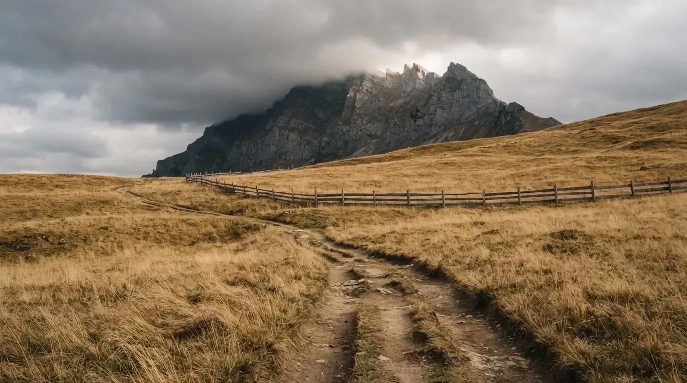 Ein Feldweg führt durch eine Alpwiese mit Holzzaun, im Hintergrund hängen Wolken über einem felsigen Gipfel