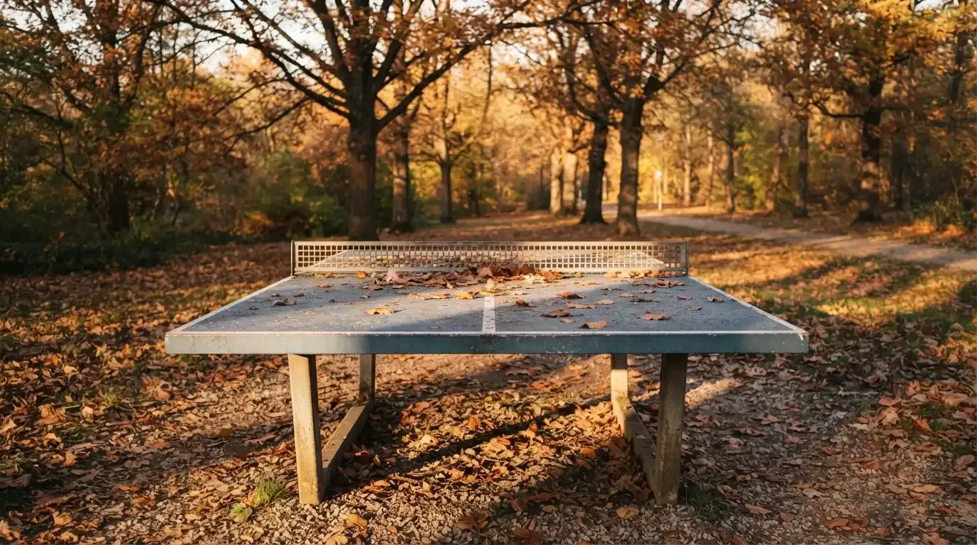 Eine Tischtennisplatte im Freien unter Bäumen, Herbstlaub liegt auf der Platte, das Licht fällt schräg durch die Äste