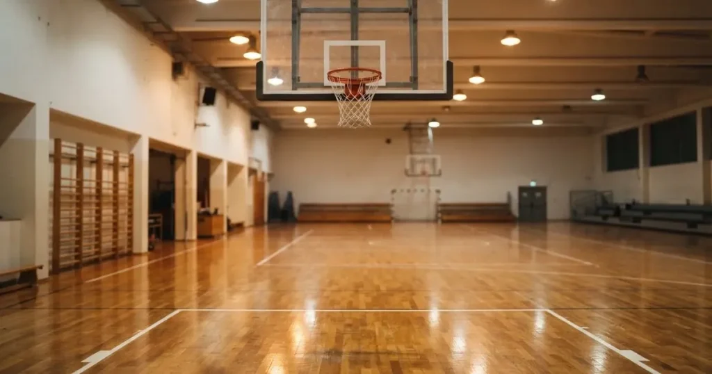 Ein Basketballkorb in einer leeren Halle, der Parkettboden glänzt im Licht der Deckenlampen