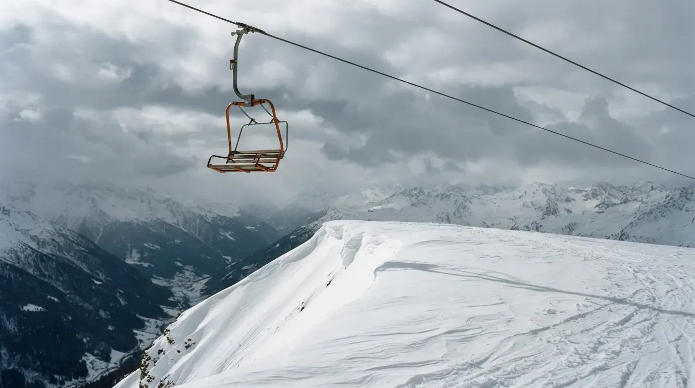 Ein Sessel eines Skilifts schwebt über einer verschneiten Hangkante, dahinter ziehen graue Wolken auf