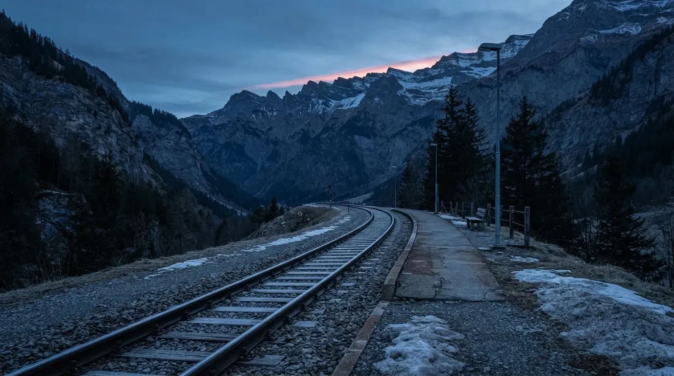 Ein Bahngleis in den Bergen mit Schneeresten und einem leeren Perron im Morgengrauen