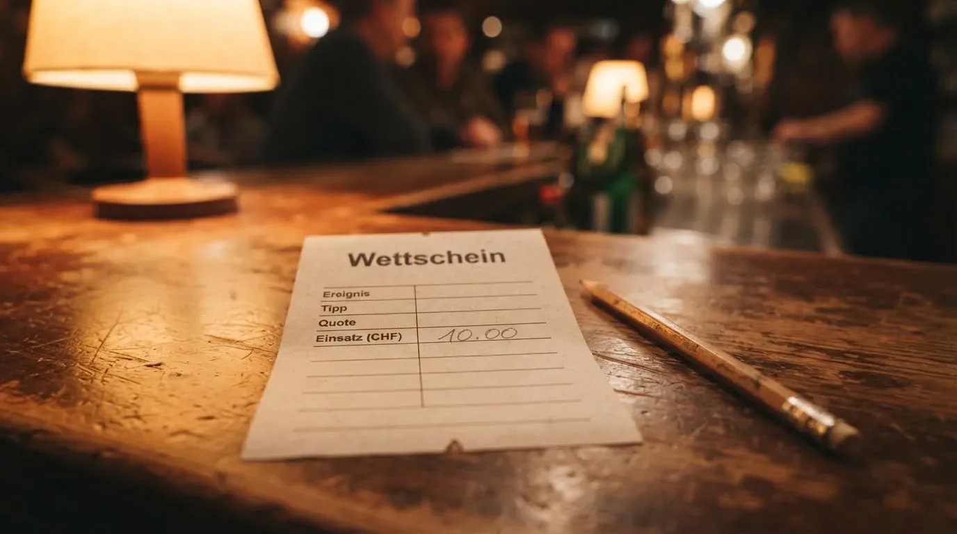 Ein leerer Wettschein aus Papier und ein Bleistift liegen auf einem Holztresen, warmes Licht einer Lampe