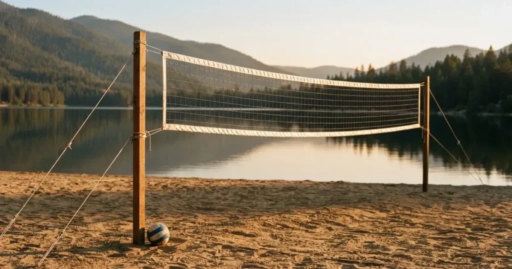 Ein Volleyballnetz am Sandstrand eines Sees, späte Nachmittagssonne, das Wasser liegt glatt im Hintergrund