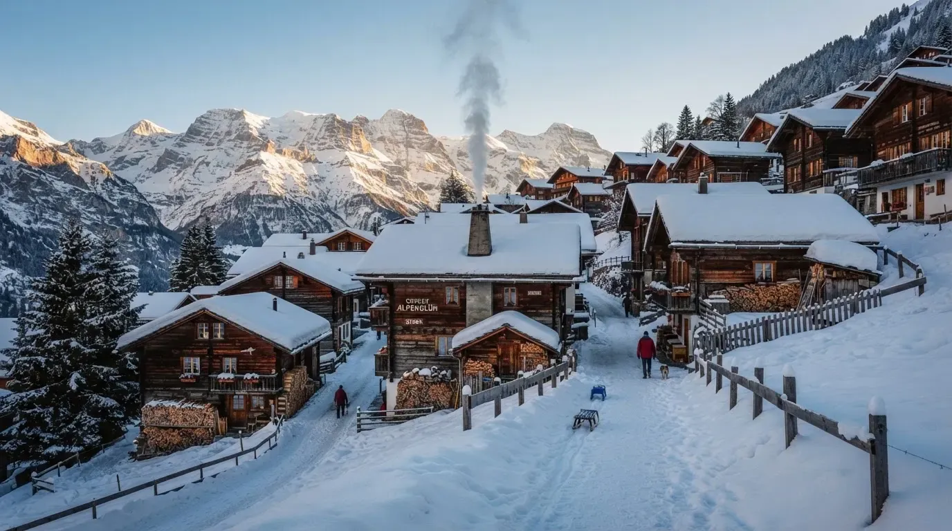 Ein Bergdorf mit Holzhäusern im Schnee, Rauch steigt aus einem Kamin, später Nachmittag mit tiefem Licht