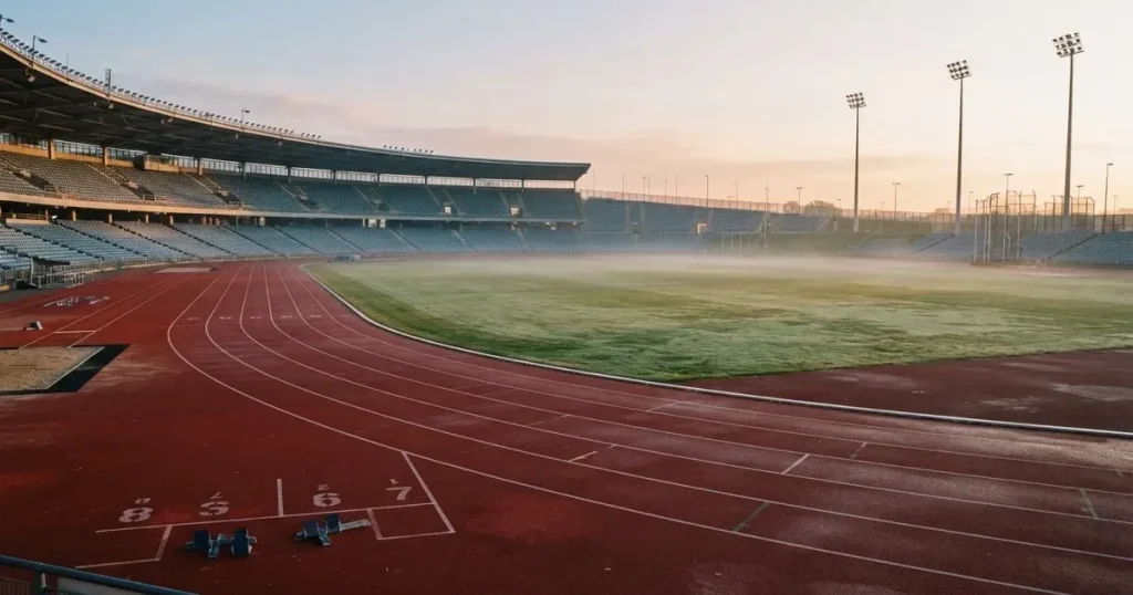 Eine rote Laufbahn in einem leeren Leichtathletikstadion, Morgentau liegt auf dem Rasen in der Mitte